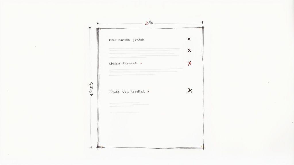 Eine handgezeichnete Skizze zeigt ein Dokumentenformat mit Maßen, Text und Kontrollkästchen.