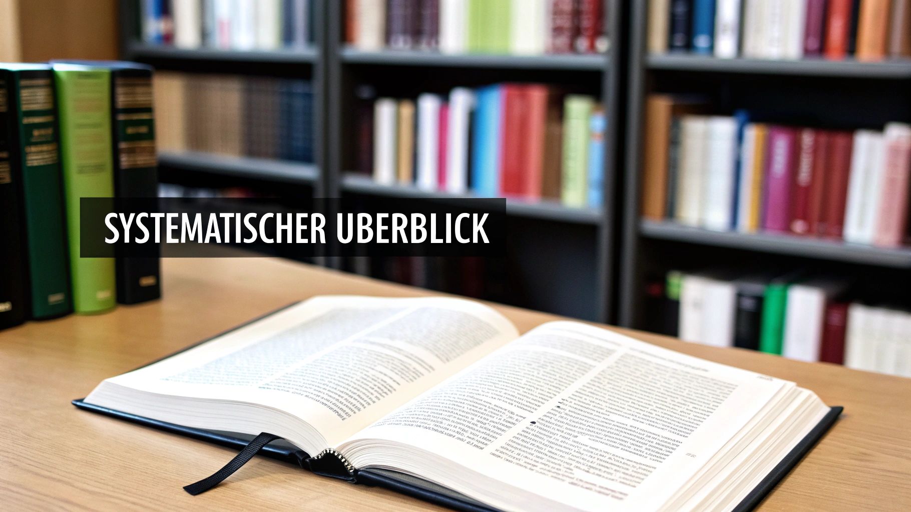 Ein offenes Buch auf einem Holztisch, im Hintergrund unscharfe Bücherregale. Ein schwarzer Balken mit dem Text 'SYSTEMATISCHER ÜBERBLICK'.