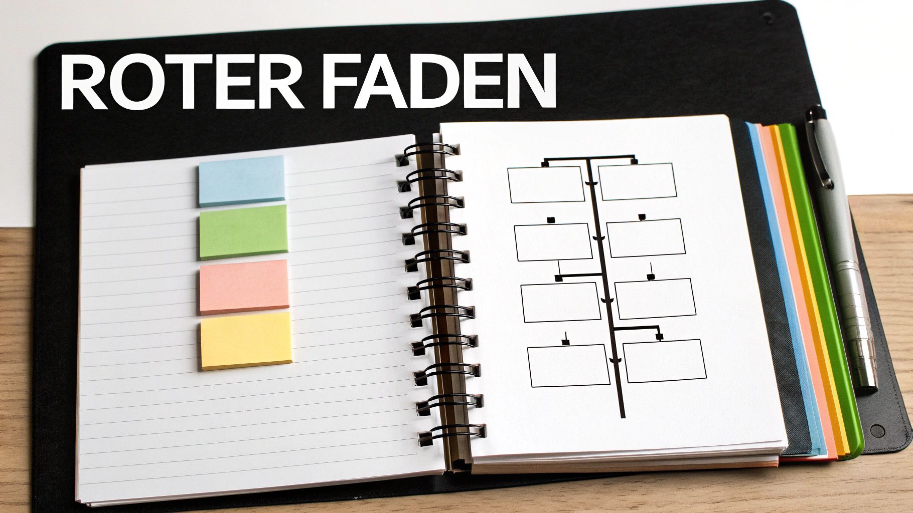 Offenes Notizbuch mit der Aufschrift „ROTER FADEN“, bunten Haftnotizen und einem leeren Flussdiagramm zur Planung.