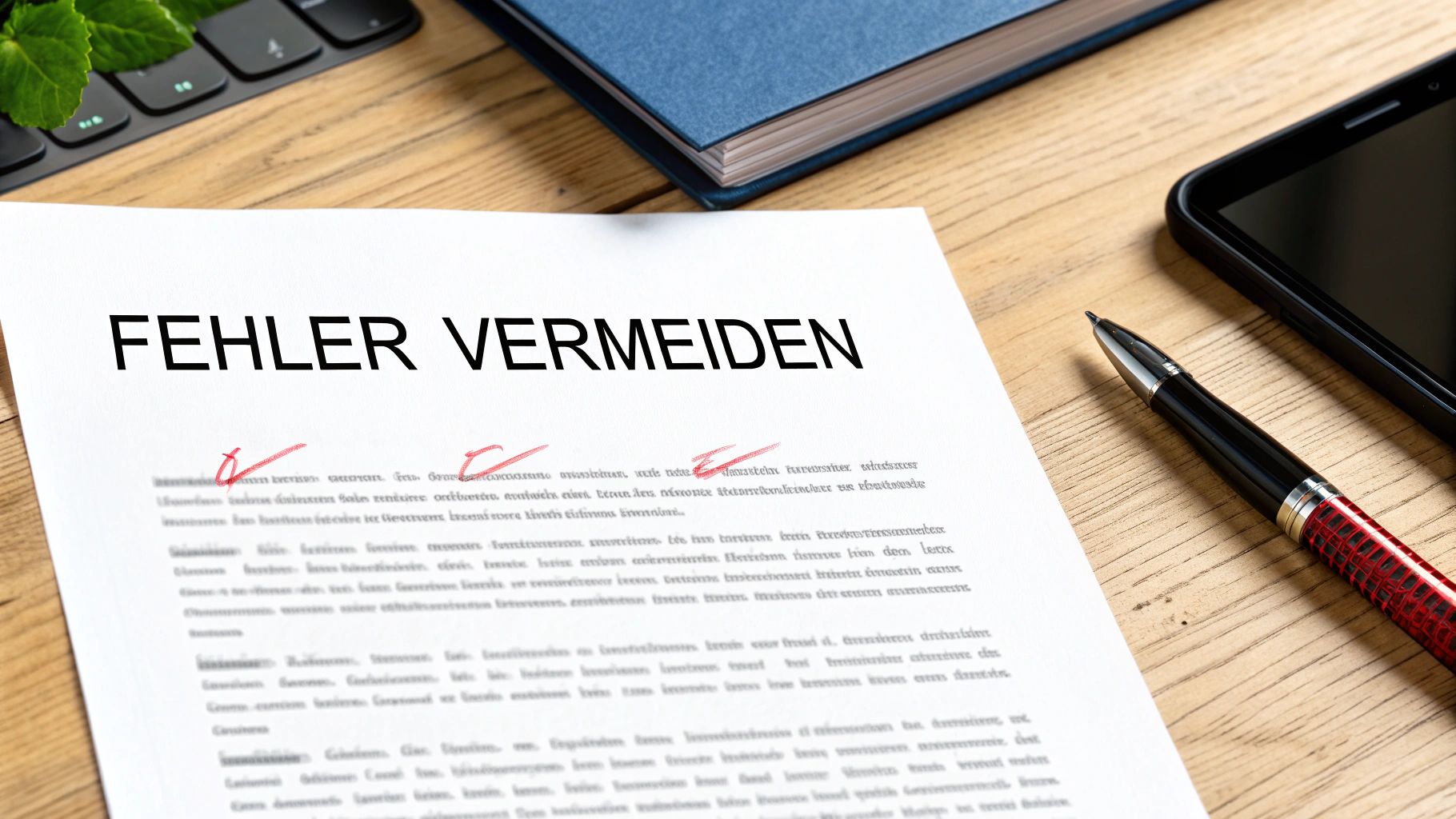Papier mit der Überschrift 'FEHLER VERMEIDEN' und Korrekturzeichen liegt auf einem Schreibtisch neben einem Stift.