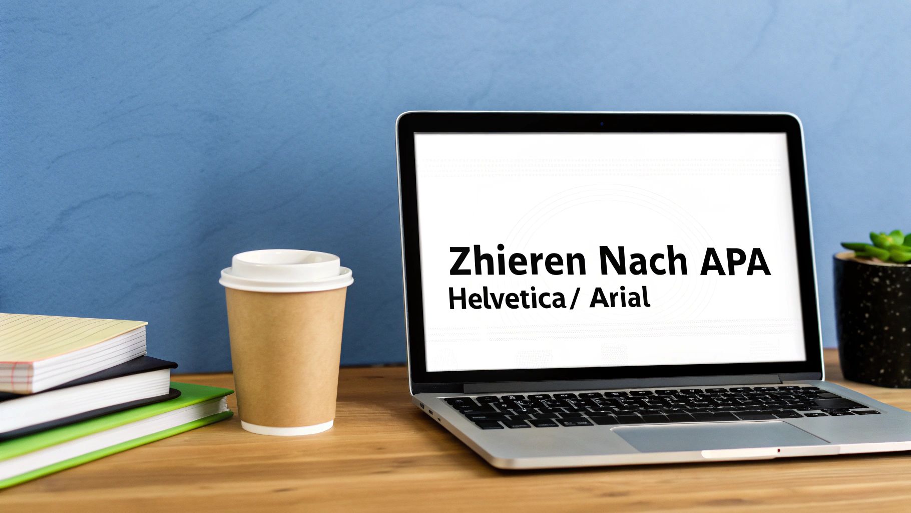 Ein Laptop zeigt Anweisungen zum Zitieren nach APA, umgeben von Notizbüchern und Kaffee auf einem Schreibtisch.