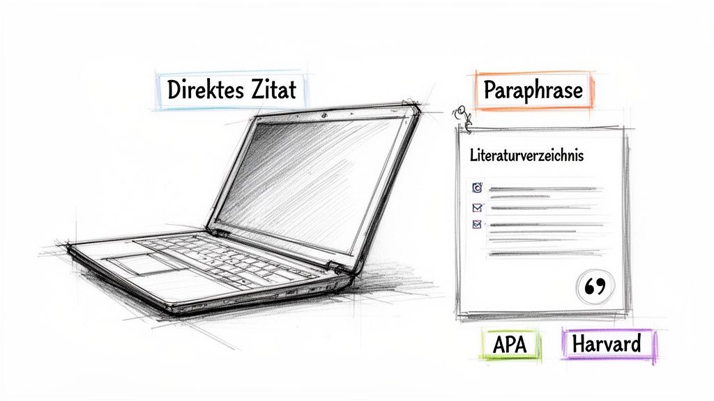 Skizze eines Laptops mit Erklärungen zu direktem Zitat, Paraphrase und Literaturverzeichnis in APA und Harvard Stilen.