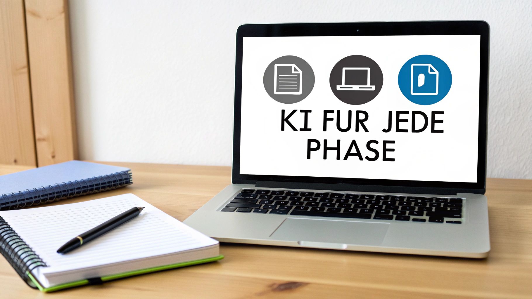 Ein Laptop zeigt die Aufschrift 'KI FÜR JEDE PHASE' mit Icons. Daneben liegen Notizbücher und ein Stift auf einem Holztisch.