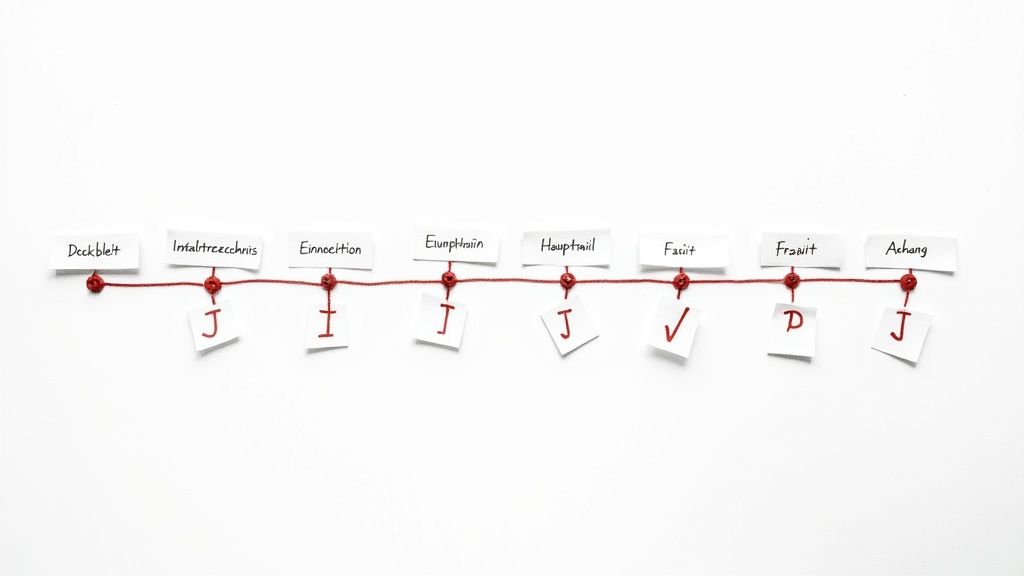 Zeitstrahl zur Strukturierung einer Facharbeit mit acht Phasen von Deckblatt bis Anhang markiert