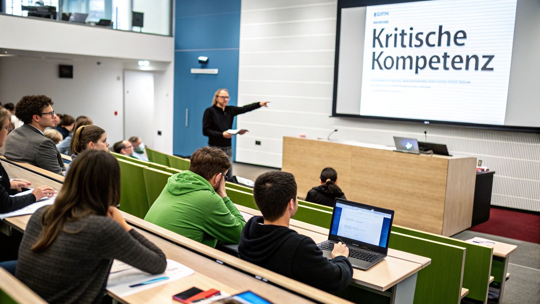 Dozent präsentiert in einem Hörsaal vor Studierenden das Thema 'Kritische Kompetenz' auf einer Leinwand.