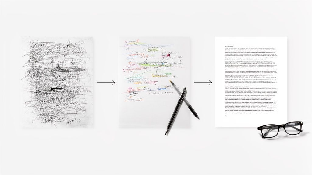 Der Prozess von handschriftlichen Notizen zu einem farbkodierten Entwurf und einem fertig getippten Dokument.