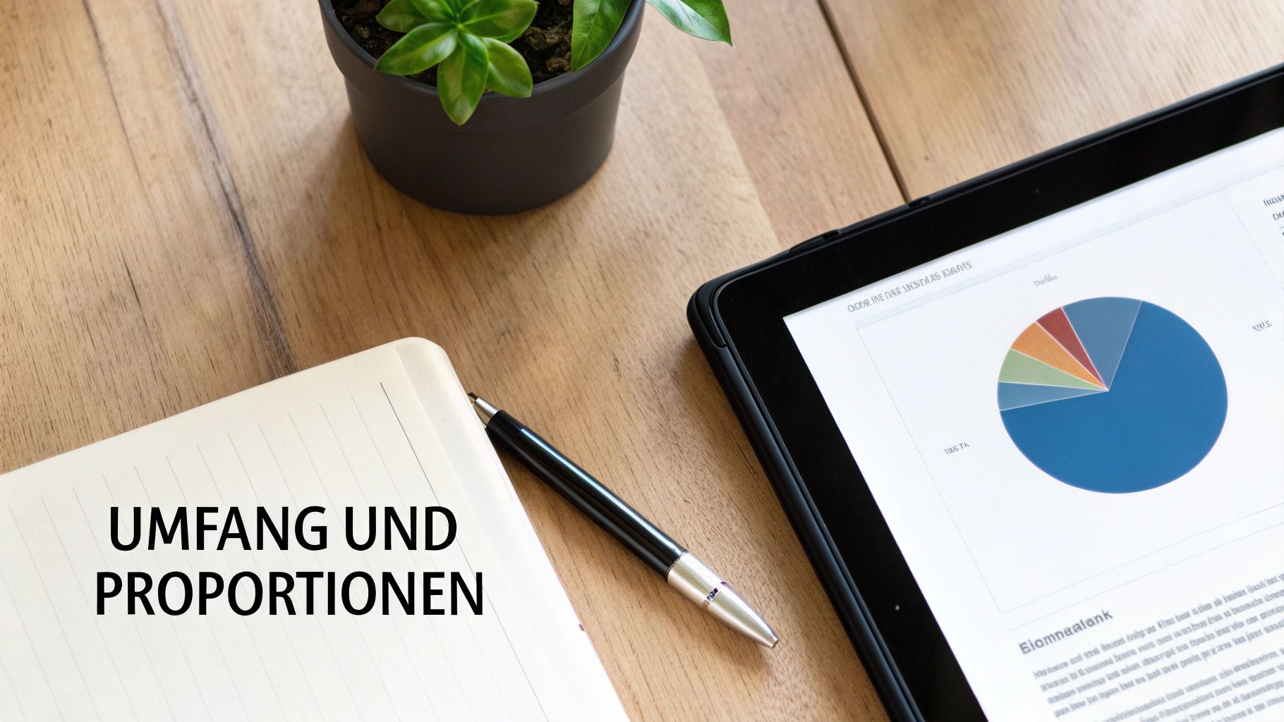 Ein Schreibtisch mit Notizbuch, Stift, Tablet mit Kreisdiagramm und einer Zimmerpflanze.