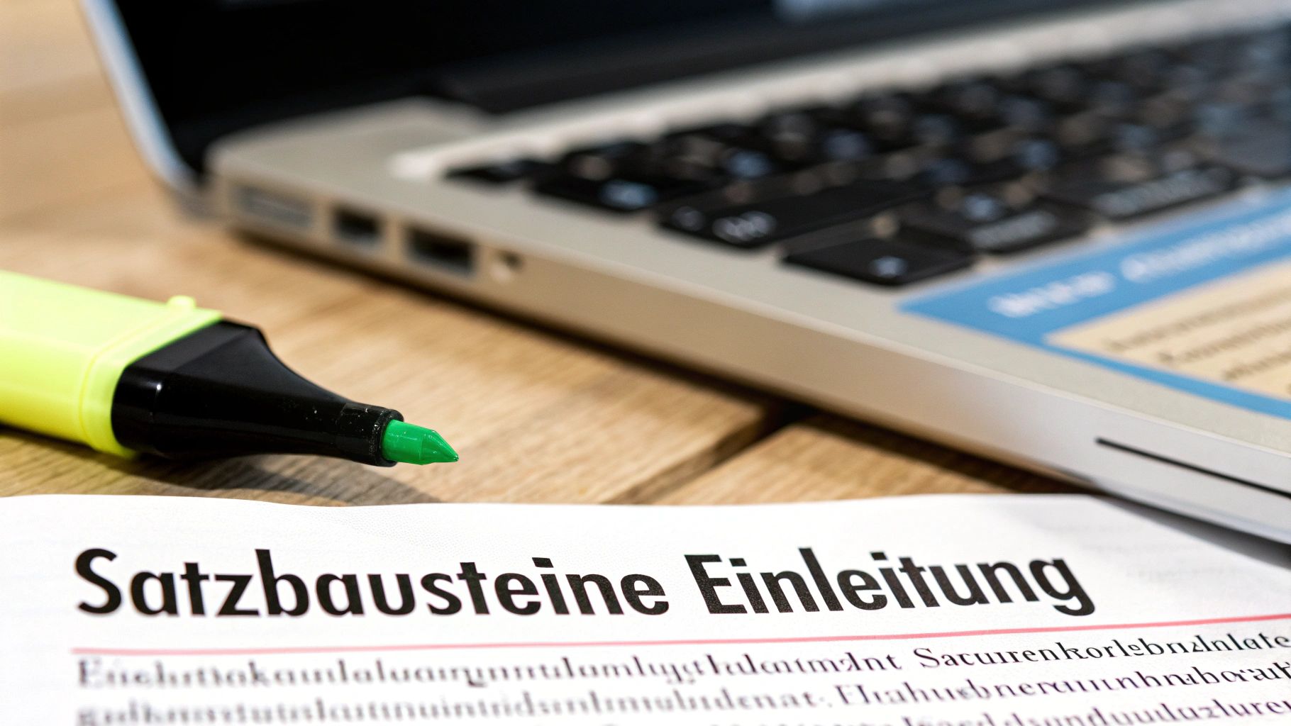 Nahaufnahme eines gelben Textmarkers, eines Papiers mit 'Satzbausteine Einleitung' und eines Laptops auf einem Holztisch.
