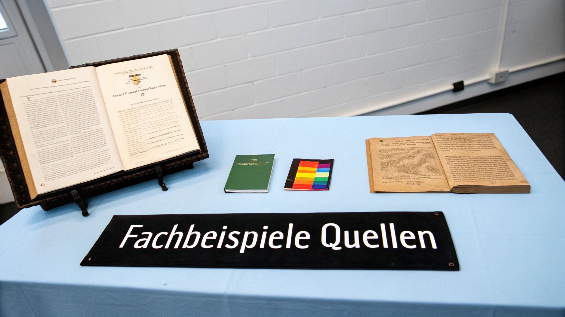 Ein Tisch mit mehreren offenen Büchern, Dokumenten und einem Schild mit der Aufschrift 'Fachbeispiele Quellen'.
