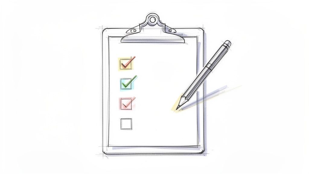 Eine handgezeichnete Illustration eines Klemmbretts mit einer Checkliste und einem Bleistift. Drei Punkte sind abgehakt.