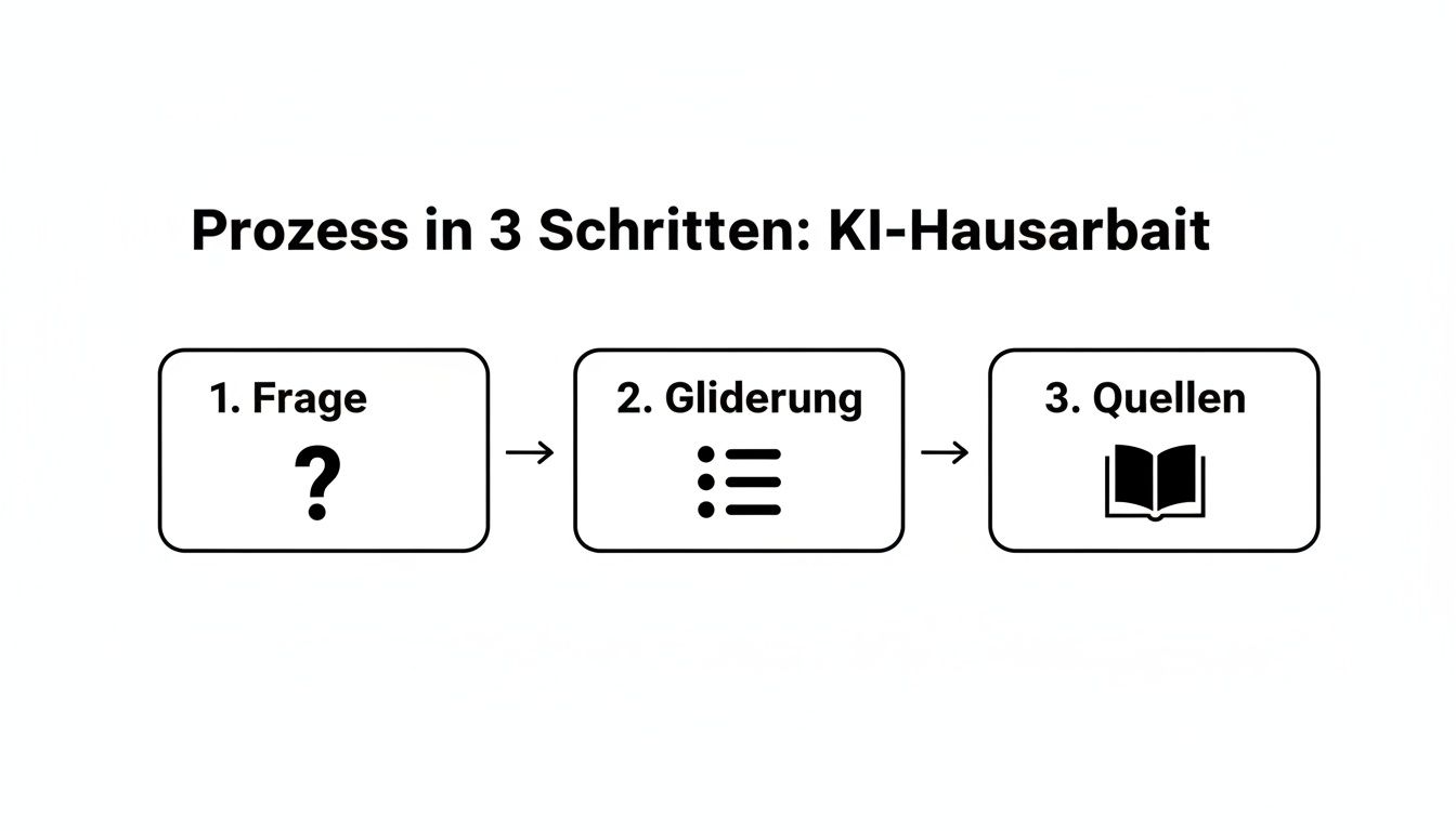 Flussdiagramm: Der 3-Schritte-Prozess einer KI-Hausarbeit, von Frage über Gliederung bis zu Quellen.