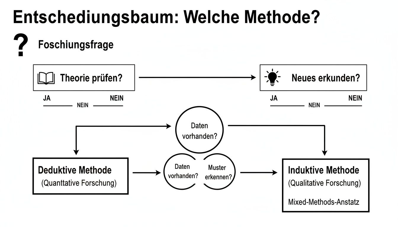 Entscheidungsbaum zur Auswahl der Forschungsmethode: Theorieprüfung, Datenerkennung, deduktive oder induktive Methode.