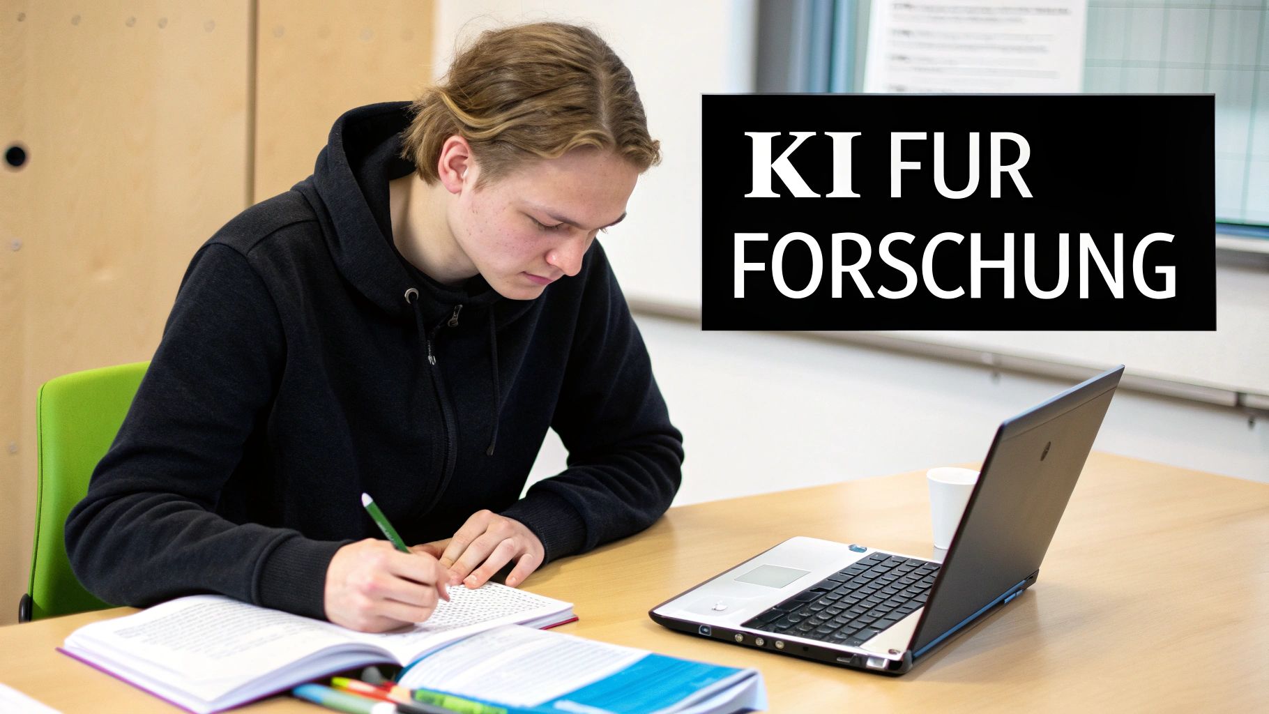 Junger Mensch konzentriert sich beim Schreiben in ein Notizbuch am Schreibtisch, mit Laptop und Tafel 'KI FÜR FORSCHUNG'.