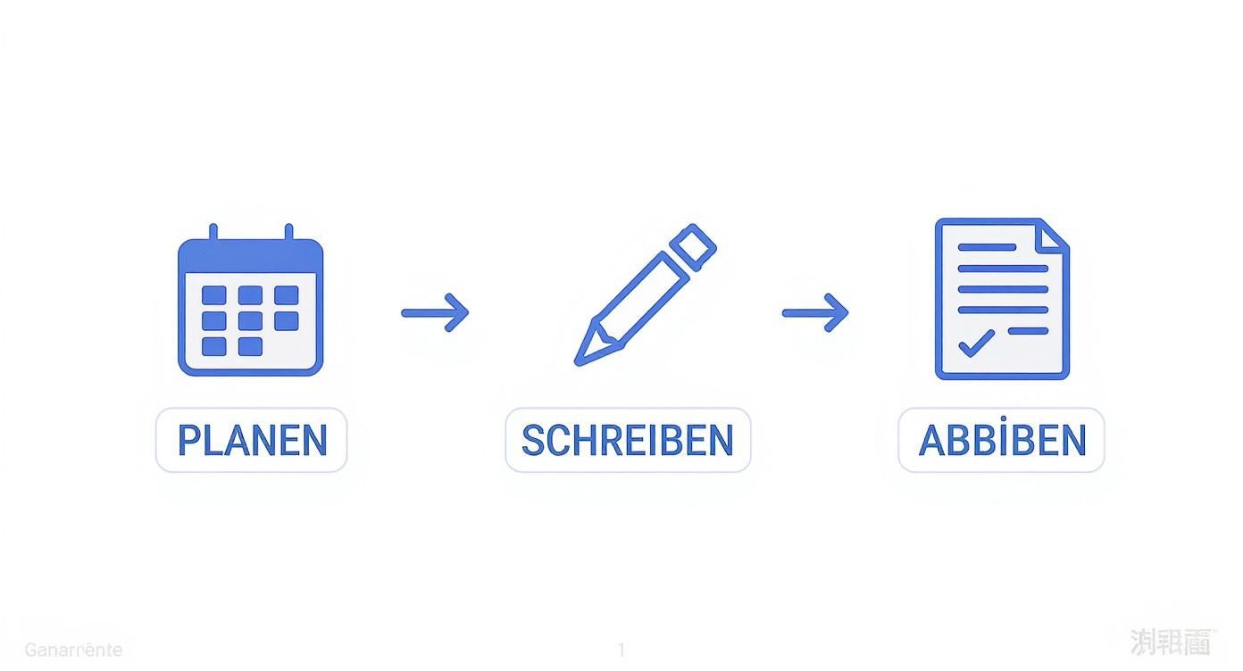 Ein Prozessdiagramm mit drei Schritten: Planen (Kalender), Schreiben (Bleistift) und Abbiben (Dokument mit Haken).