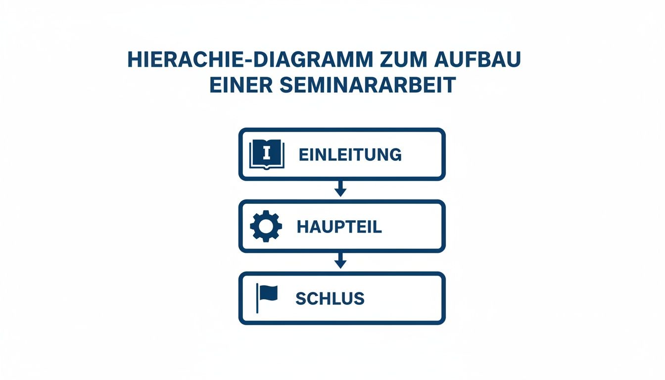 Hierarchie-Diagramm zur Gliederung einer Seminararbeit mit Einleitung, Hauptteil und Schluss.