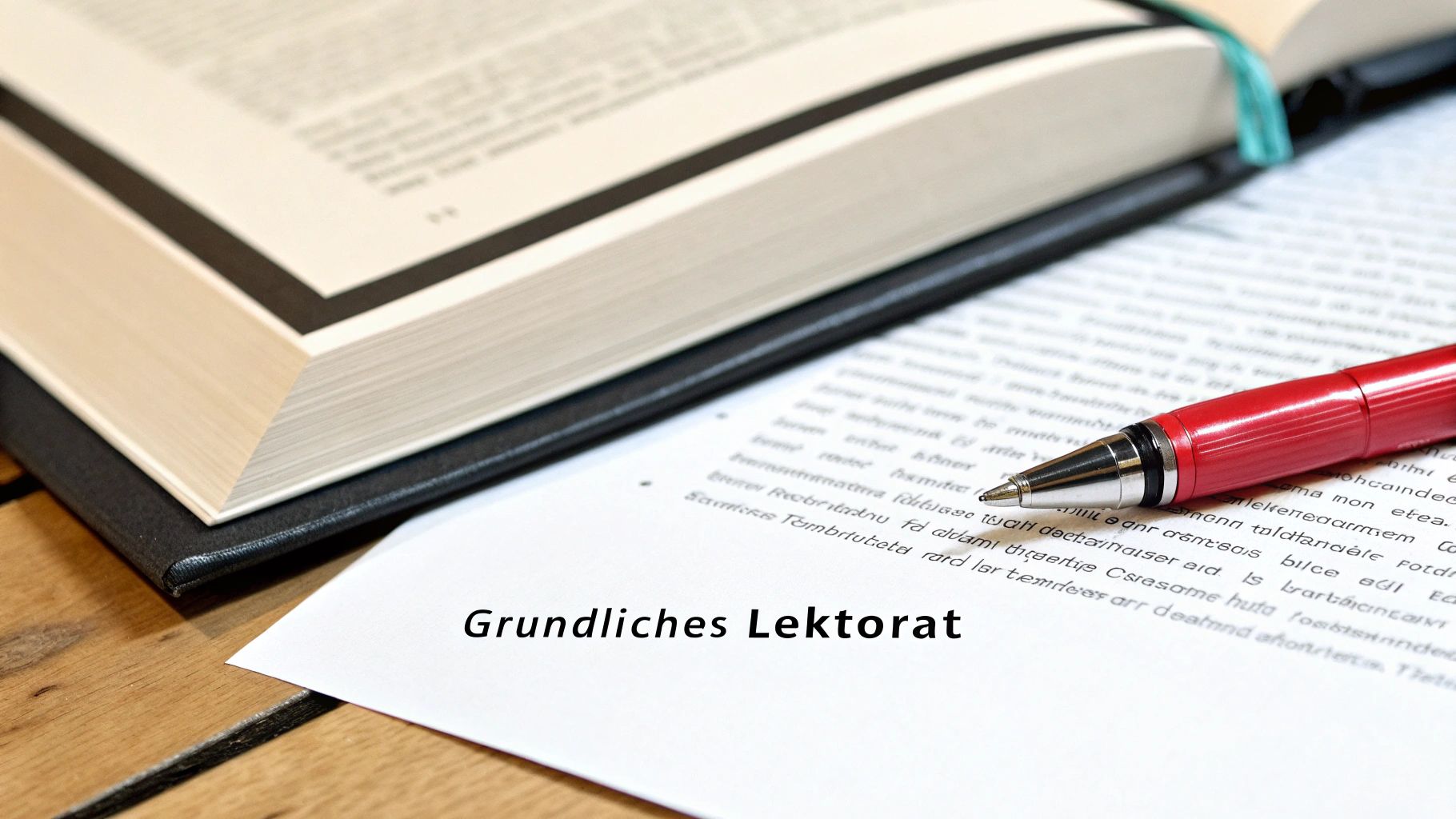 Ein offenes Buch, ein roter Stift und ein Blatt Papier mit "Grundliches Lektorat" auf einem Holztisch.