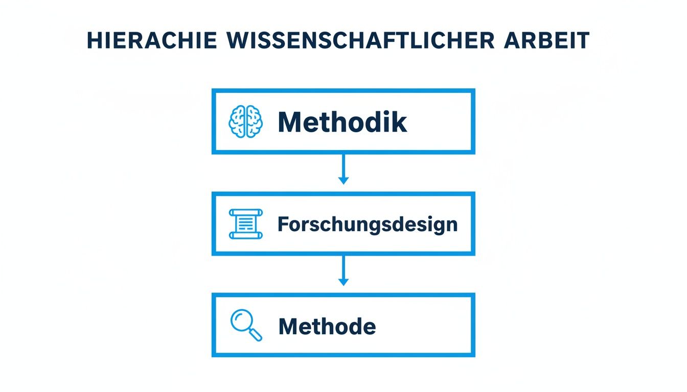 Hierarchie der wissenschaftlichen Arbeit: Methodik, Forschungsdesign und Methode, visuell dargestellt mit Piktogrammen.