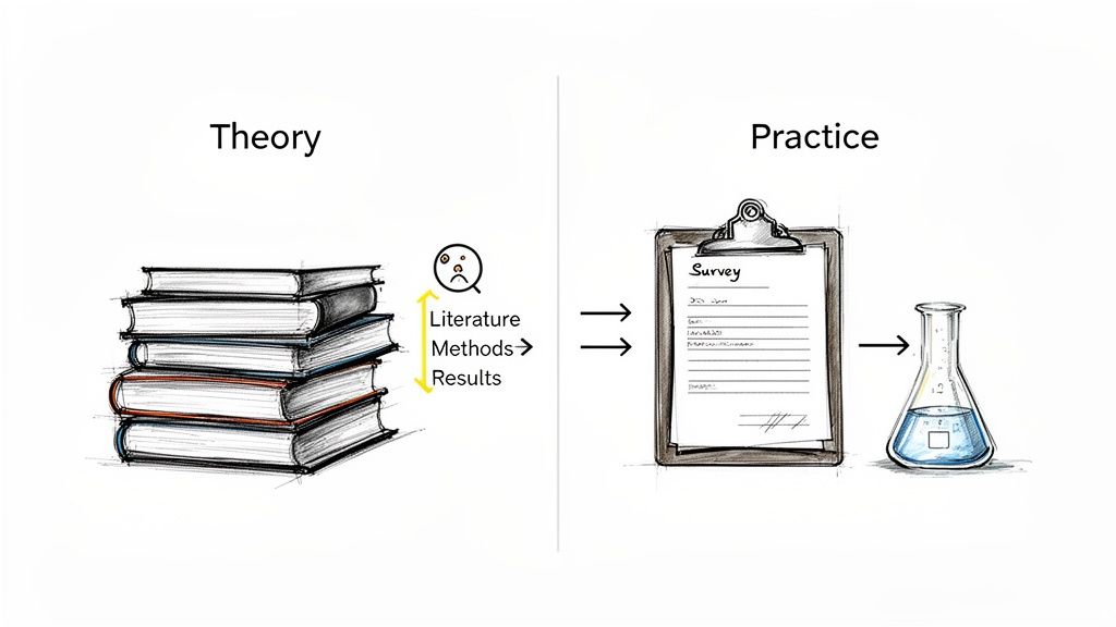 Dieses Bild veranschaulicht den Übergang von theoretischer Forschung zu praktischer Anwendung in einer Bachelorarbeit.