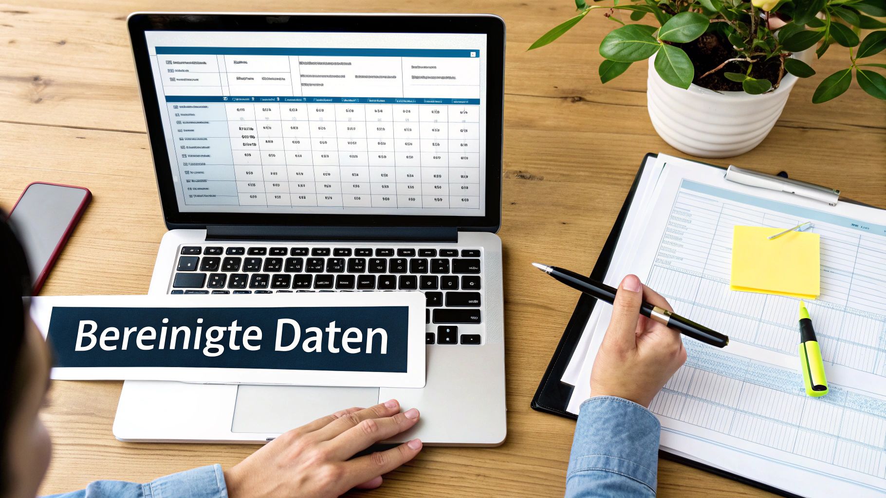 Eine Person arbeitet an Laptop und Dokumenten, wobei der Bildschirm und ein Tablet 'Bereinigte Daten' anzeigen.