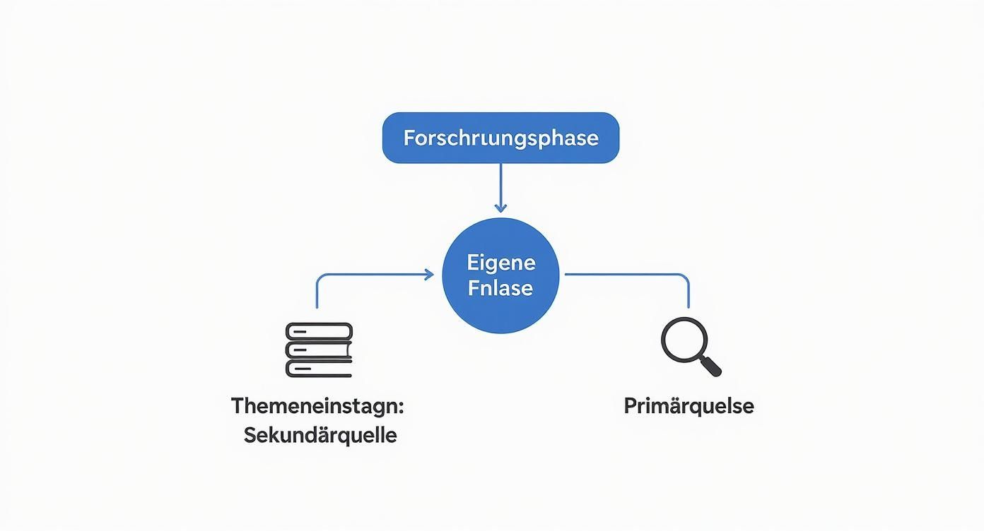 Diese Infografik visualisiert als Entscheidungsbaum, ob für den Themeneinstieg eine Sekundärquelle oder für die eigene Analyse eine Primärquelle besser geeignet ist.