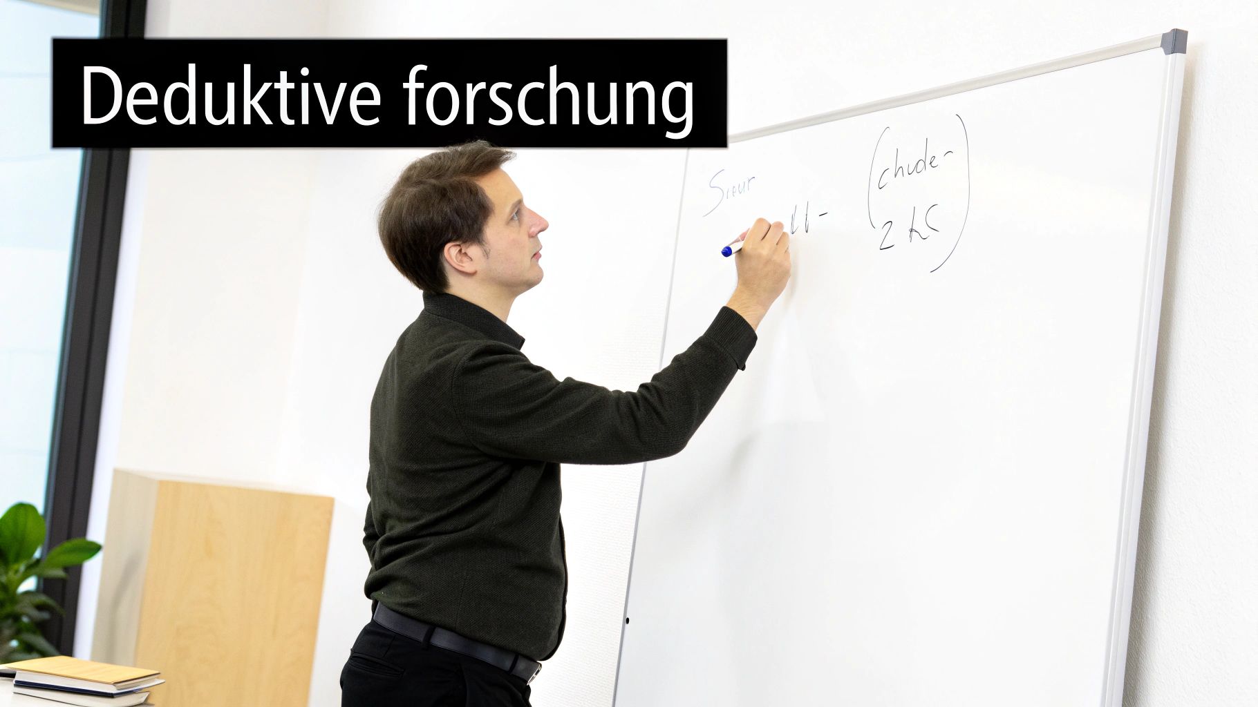 Ein Mann schreibt mit einem blauen Marker auf ein Whiteboard, während oben links „Deduktive forschung“ steht.