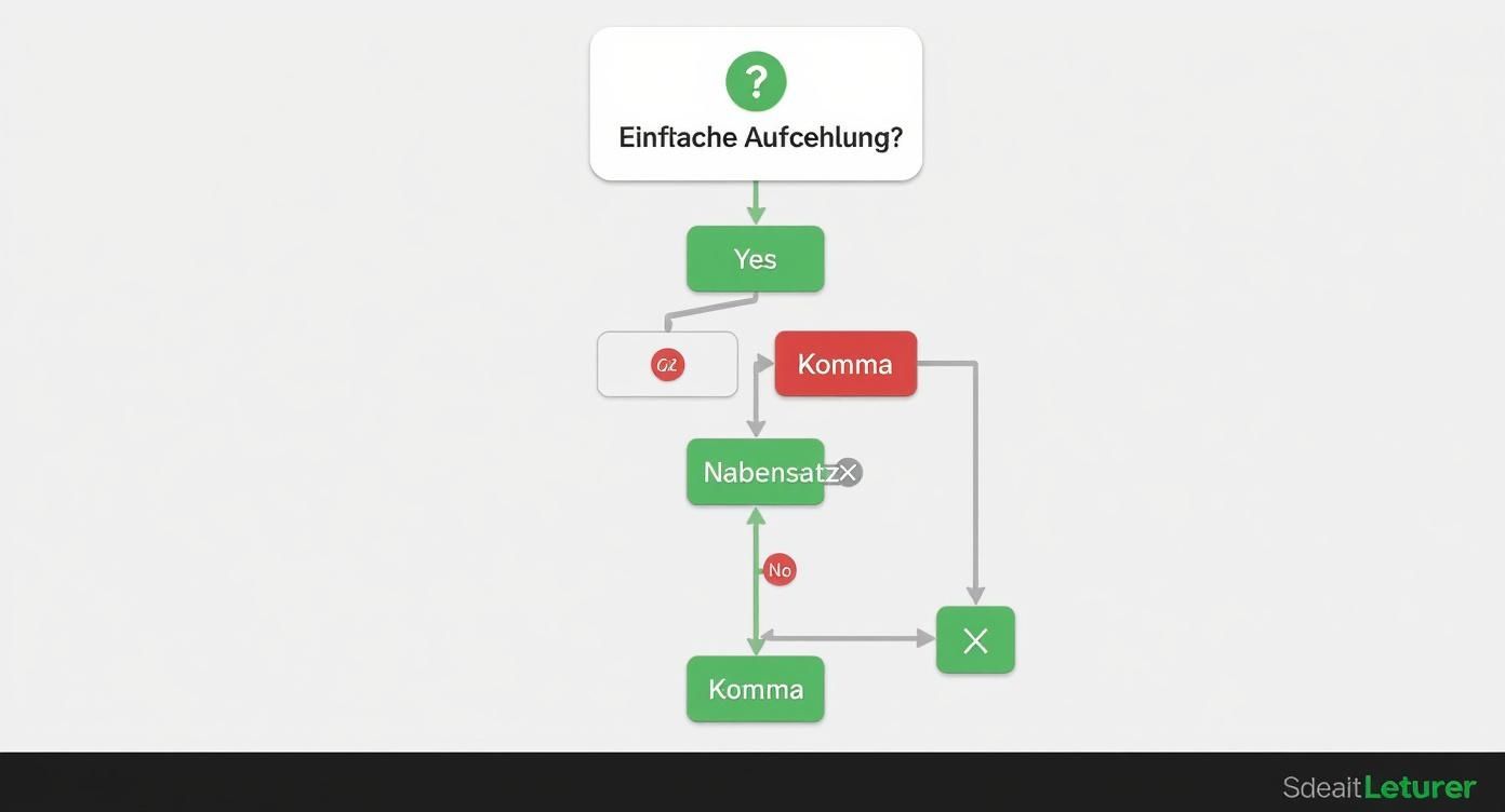 Flussdiagramm zur deutschen Kommasetzung, das Fragen zu einfachen Aufzählungen und Nebensätzen behandelt.