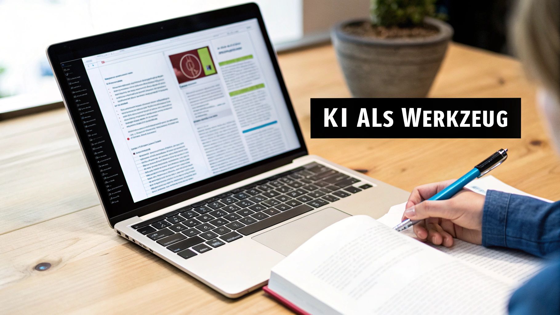 Eine Person schreibt mit einem blauen Stift in ein offenes Buch neben einem Laptop, der einen Artikel über 