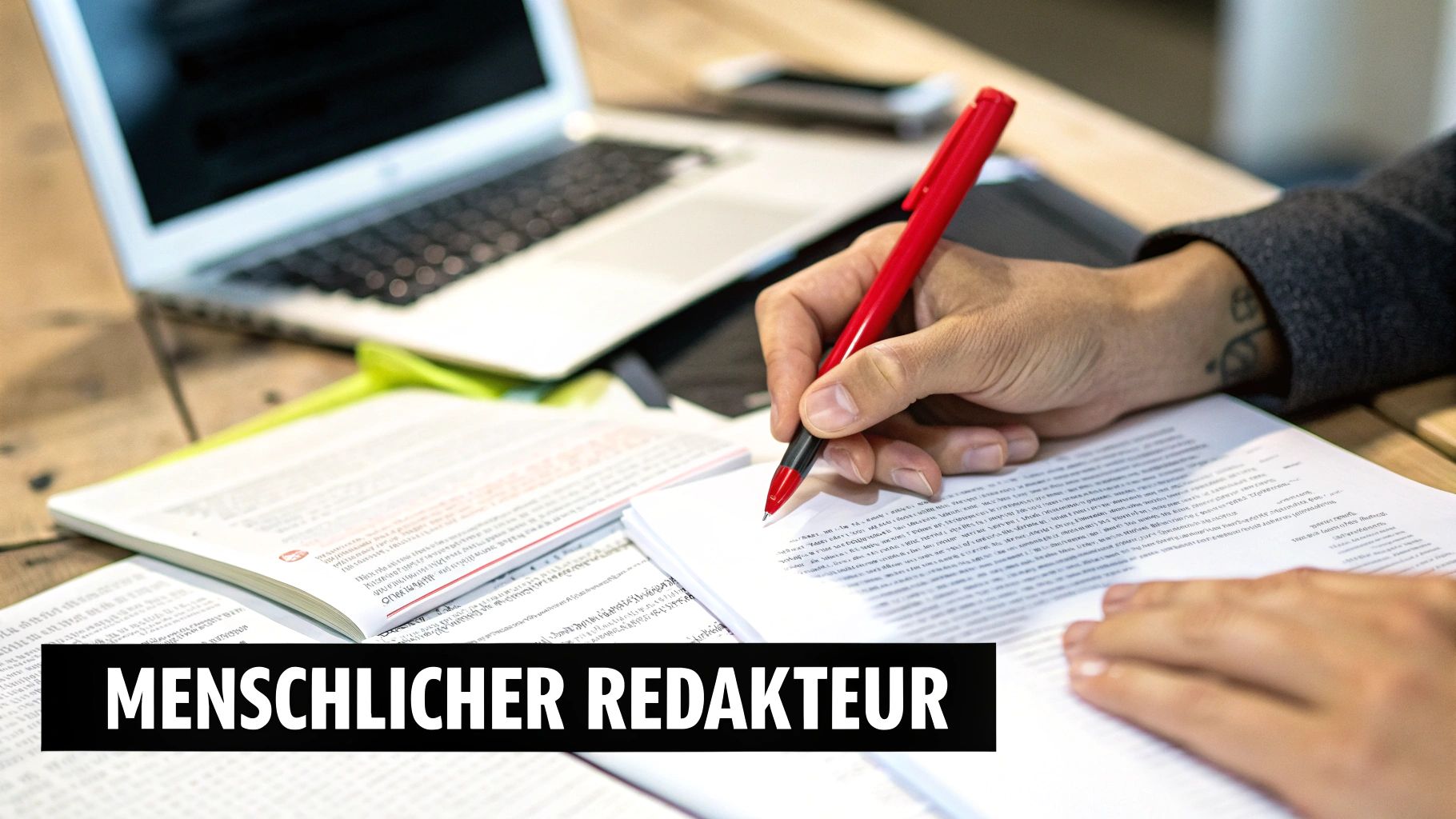 Ein menschlicher Redakteur schreibt mit einem roten Stift an einem Dokument auf einem Schreibtisch mit Laptop.