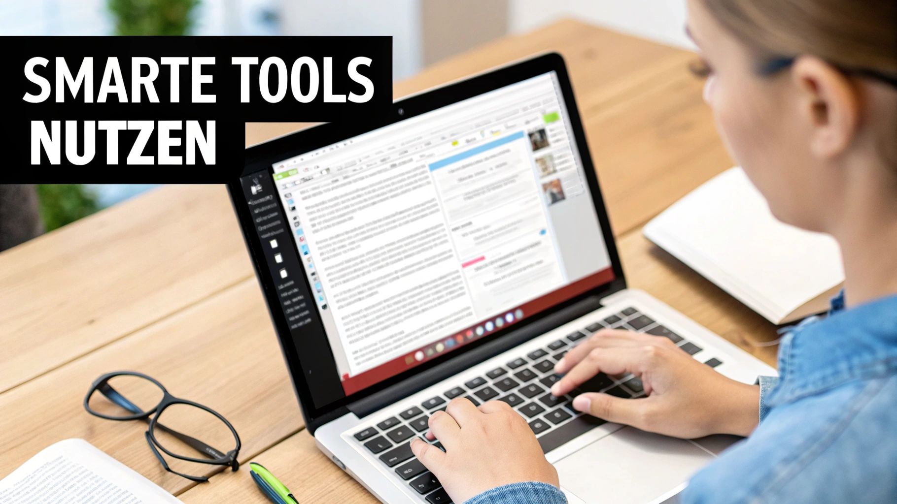 Eine Person tippt an einem Laptop auf einem Holztisch, um 