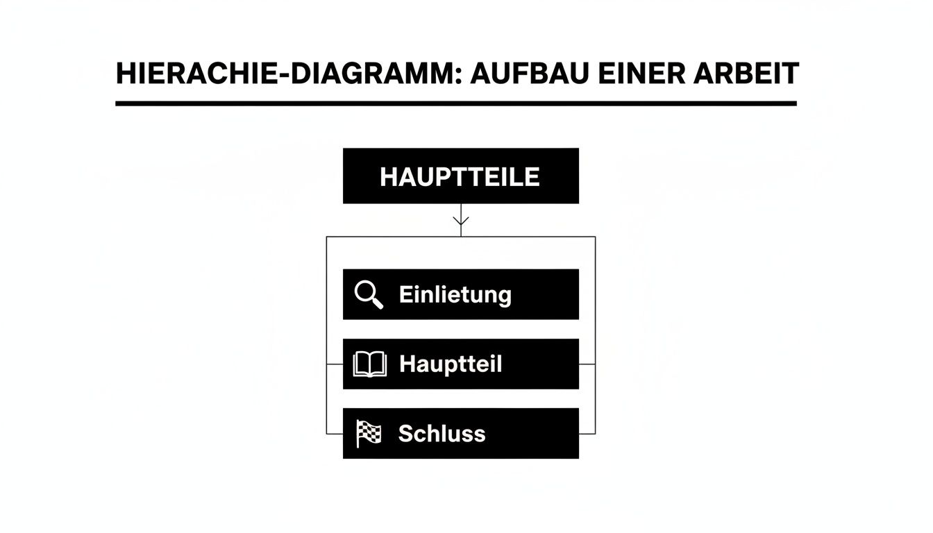 Hierarchiediagramm zum Aufbau einer wissenschaftlichen Arbeit mit Einleitung, Hauptteil und Schluss als Kernbestandteile.