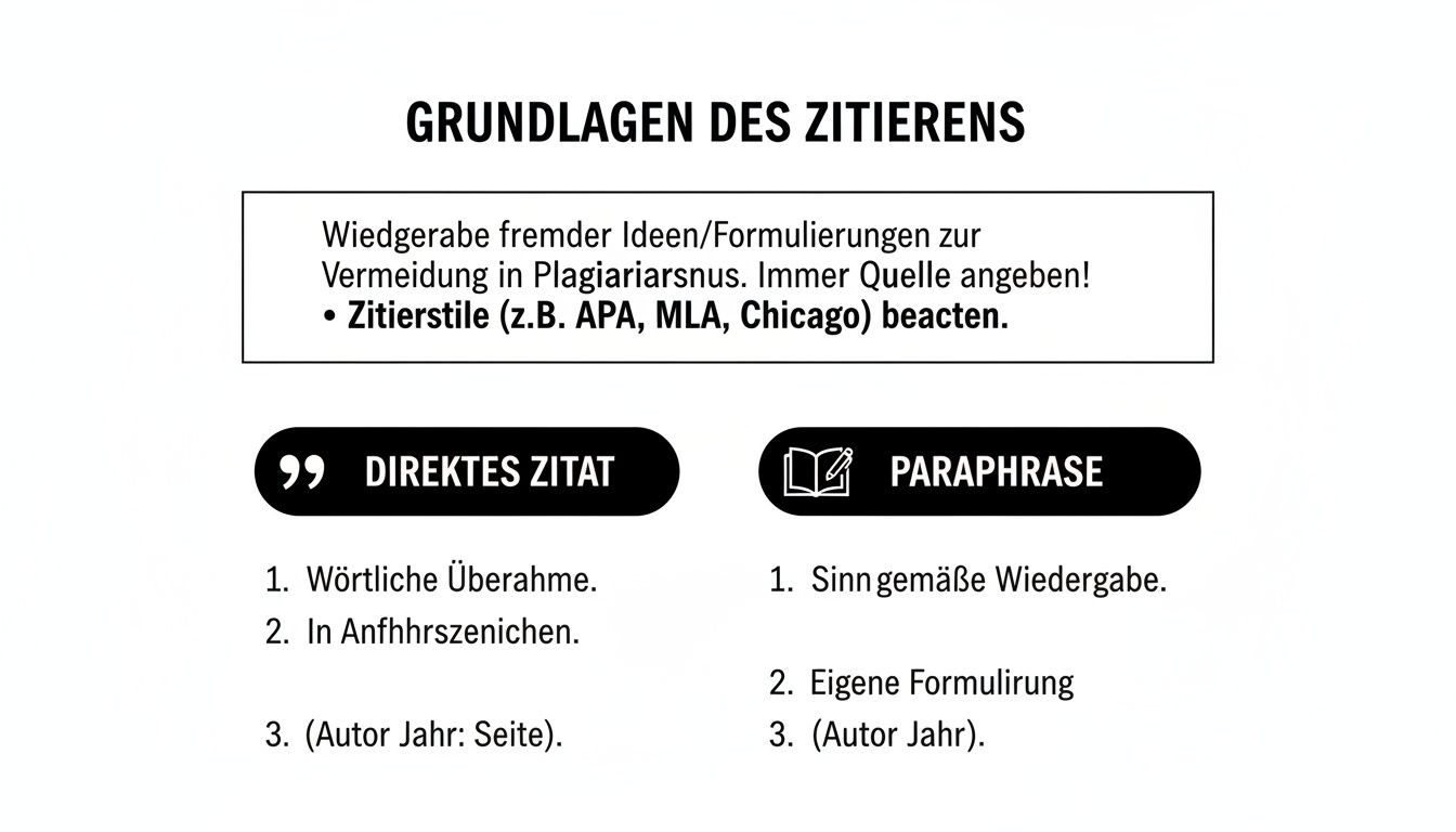 Infografik zu den Grundlagen des Zitierens: Direkte Zitate und Paraphrasen mit Regeln und Beispielen.