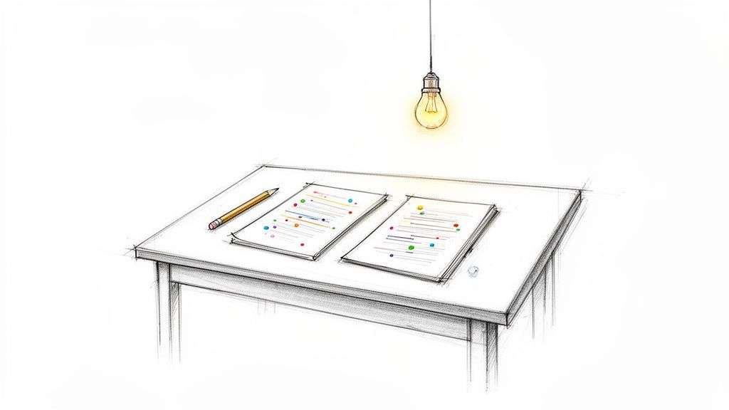 Eine Glühbirne beleuchtet einen Skizzen-Schreibtisch mit Bleistift und zwei Papieren mit bunten Daten.