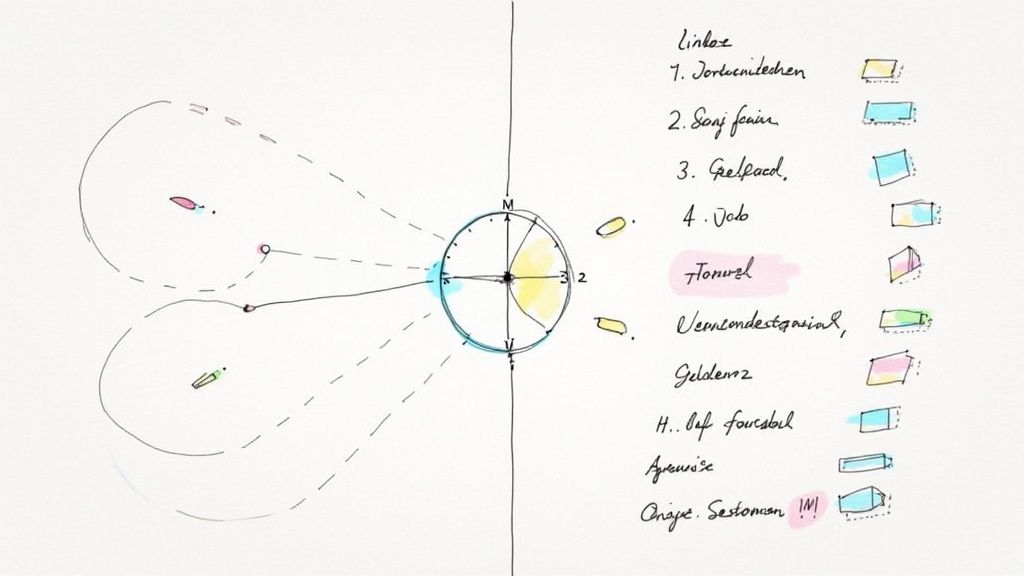 Diagramm einer zeitschaltuhrähnlichen Darstellung mit Linien, farbigen Formen und Beschriftungen, die einen Prozess oder Zeitplan visualisieren.