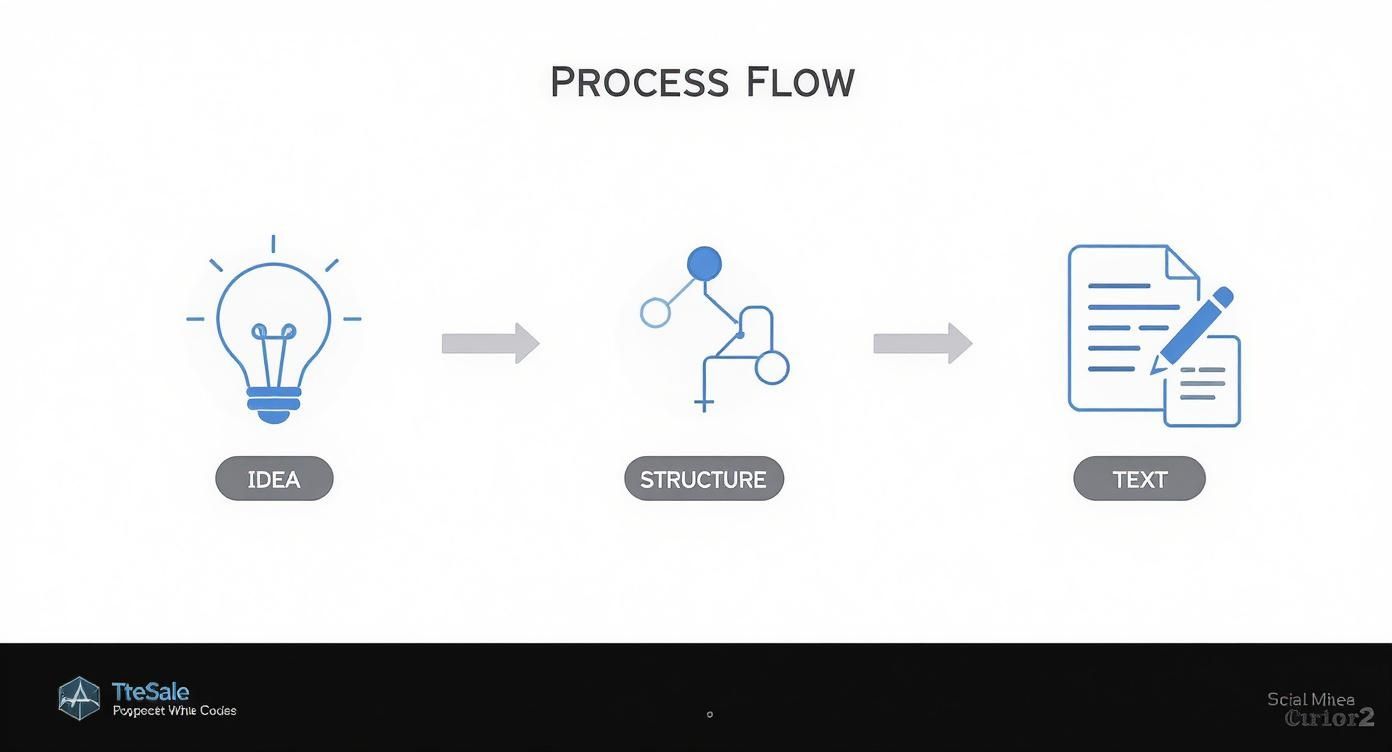 Prozessflussdiagramm mit Icons für Idee, Struktur und Text, verbunden durch Pfeile.