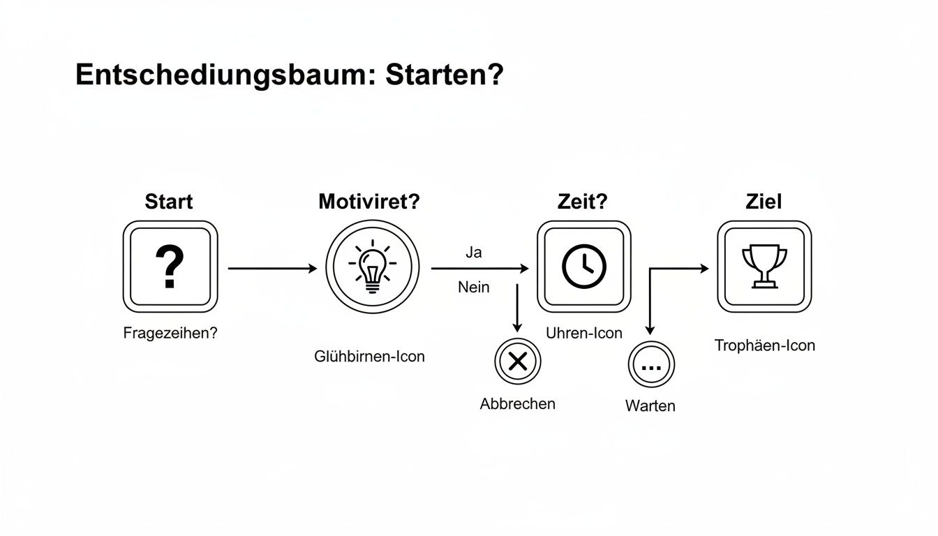 Ein Entscheidungsbaum, der den Prozess des Startens, der Motivation und des Zeitmanagements darstellt.
