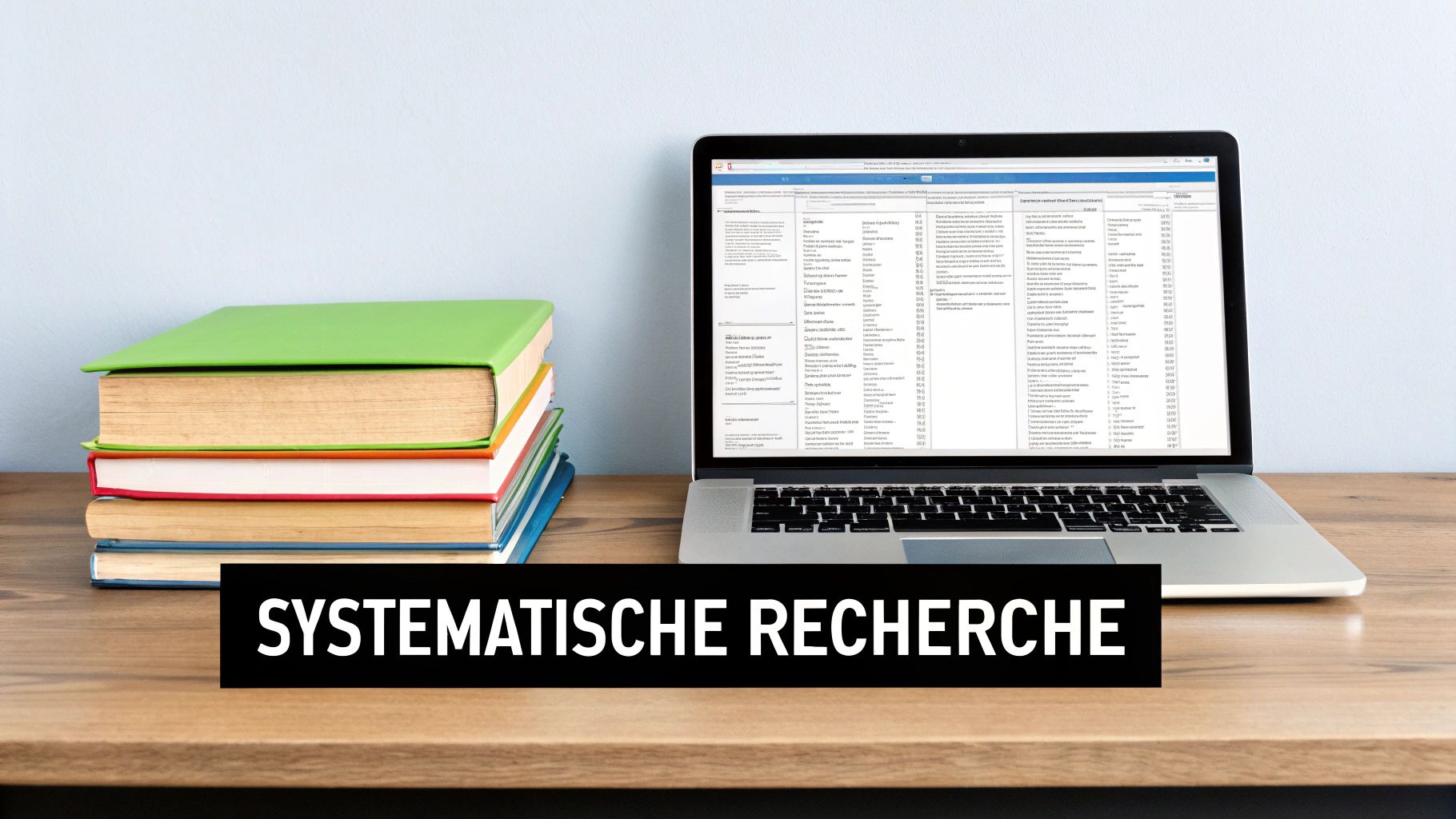 Ein Laptop und ein Stapel Bücher auf einem Holzschreibtisch. Der Text 'SYSTEMATISCHE RECHERCHE' ist auf einem schwarzen Balken zu sehen.