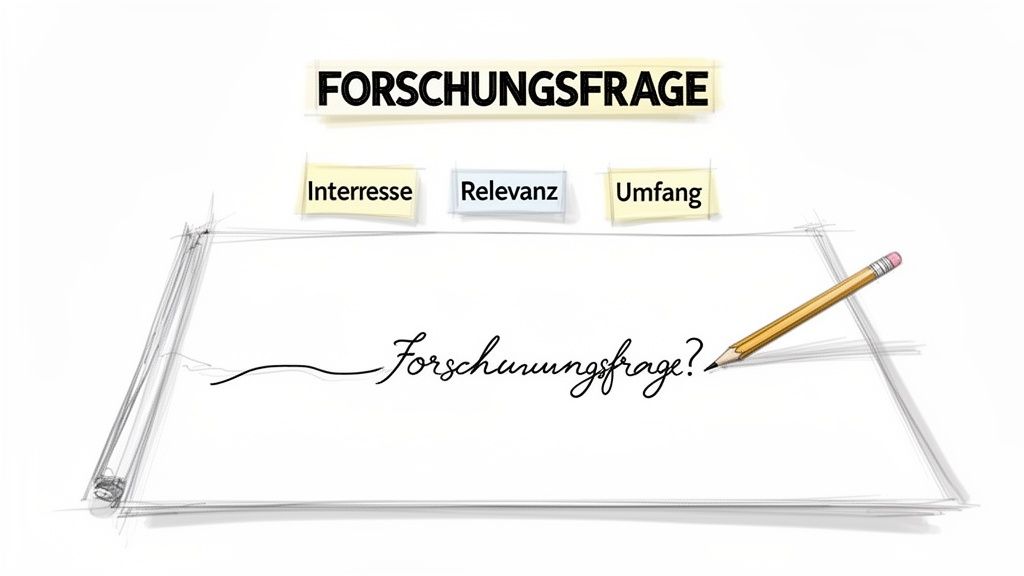 Skizze einer Forschungsfrage mit den Aspekten Interesse, Relevanz und Umfang, geschrieben mit einem Bleistift.