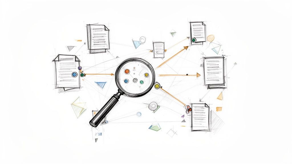 Eine Lupe im Zentrum untersucht verbundene Dokumente und Datenpunkte, symbolisierend Datenanalyse oder Forschung.