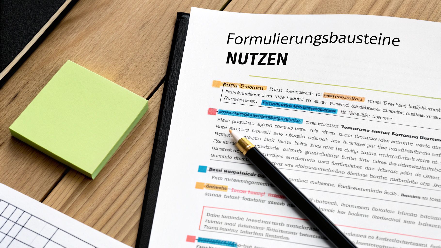Ein Dokument mit dem Titel 'Formulierungsbausteine NUTZEN', Textmarkierungen, einem Stift und Notizzetteln auf einem Holztisch.
