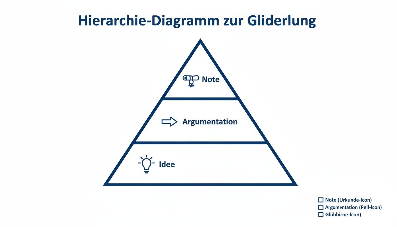 Ein Hierarchie-Diagramm in Form einer Pyramide zur Gliederung mit den Ebenen Note, Argumentation und Idee.