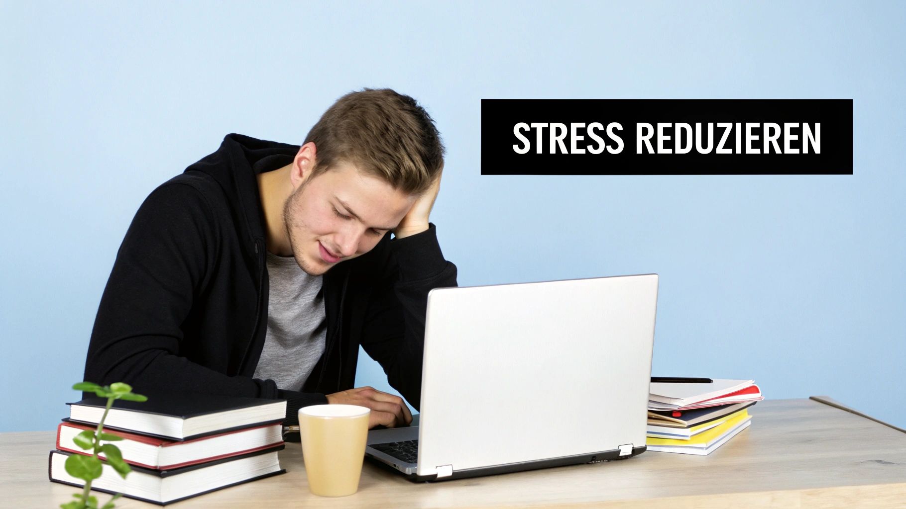 Müder Student sitzt am Schreibtisch vor einem Laptop, umgeben von Büchern, mit der Aufschrift 'STRESS REDUZIEREN'.