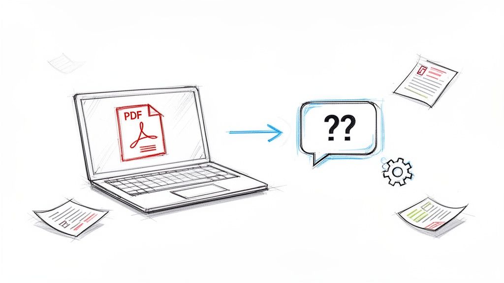 Ein Laptop zeigt ein PDF-Dokument, das zu einer Frageblase verarbeitet wird, umgeben von anderen Dokumenten.