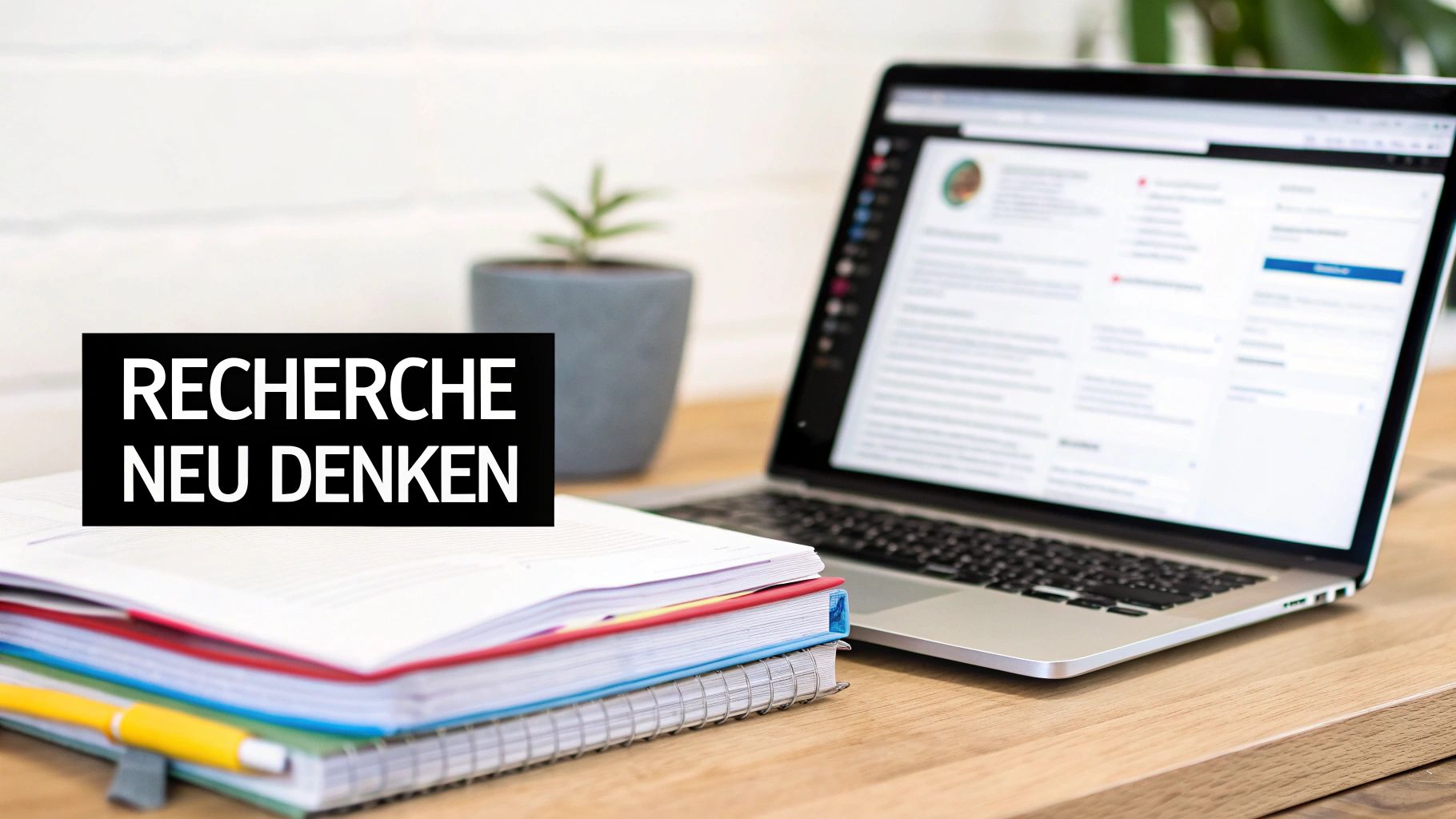 Laptop mit Recherche-Dokument, Notizbücher und Pflanze auf Schreibtisch, Text 'Recherche neu denken'