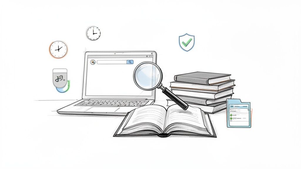 Ein Laptop, Bücher und eine Lupe visualisieren wissenschaftliches Arbeiten und Recherche.