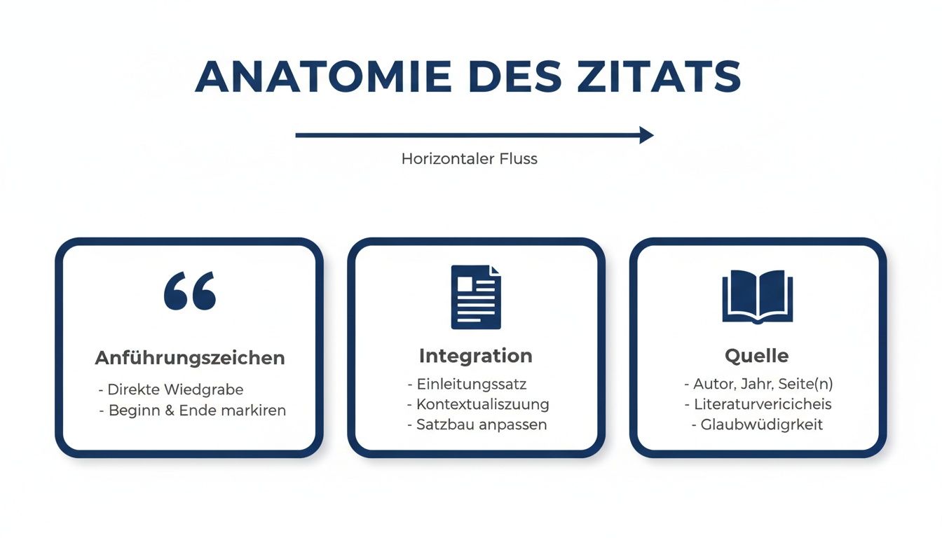 Infografik zur Anatomie des Zitats, die Anführungszeichen, Integration und Quellenangabe detailliert.