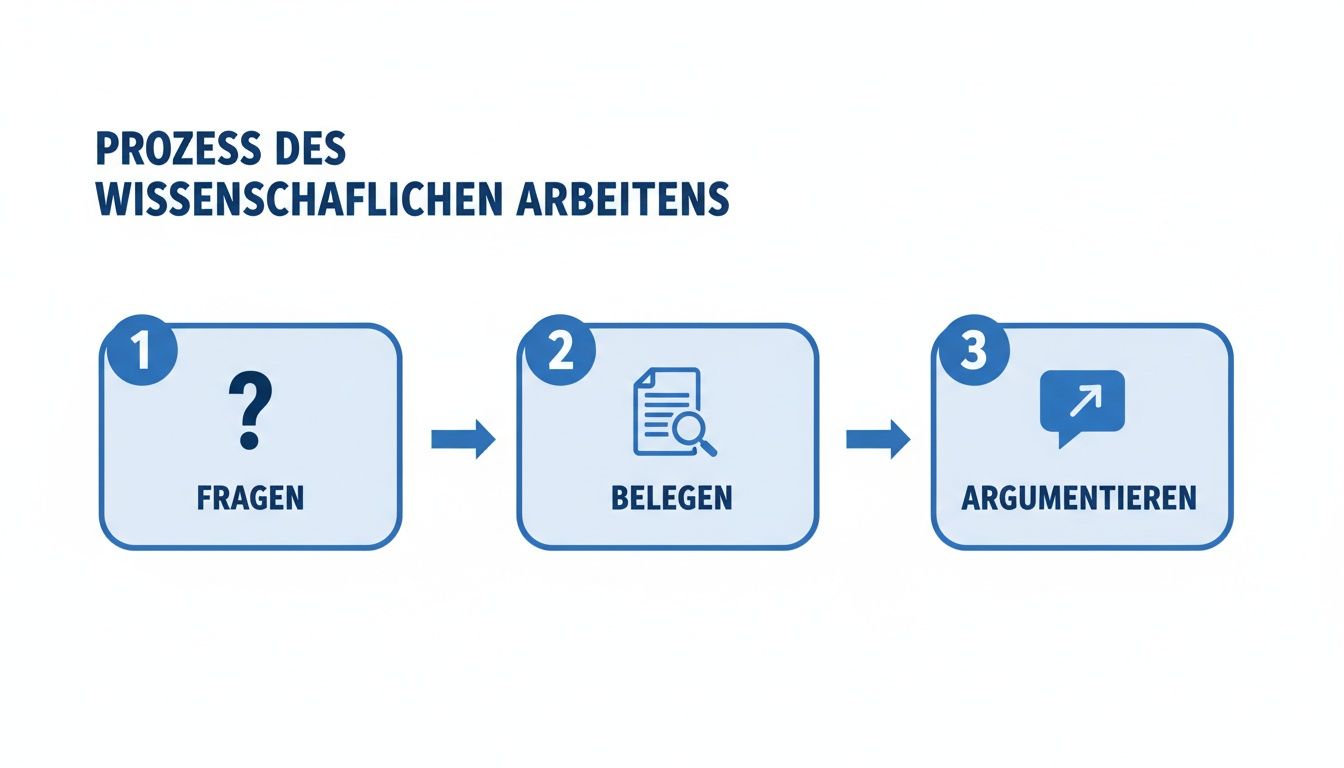 Ein Flussdiagramm zeigt den Prozess des wissenschaftlichen Arbeitens in drei Schritten: Fragen, Belegen und Argumentieren mit entsprechenden Symbolen.