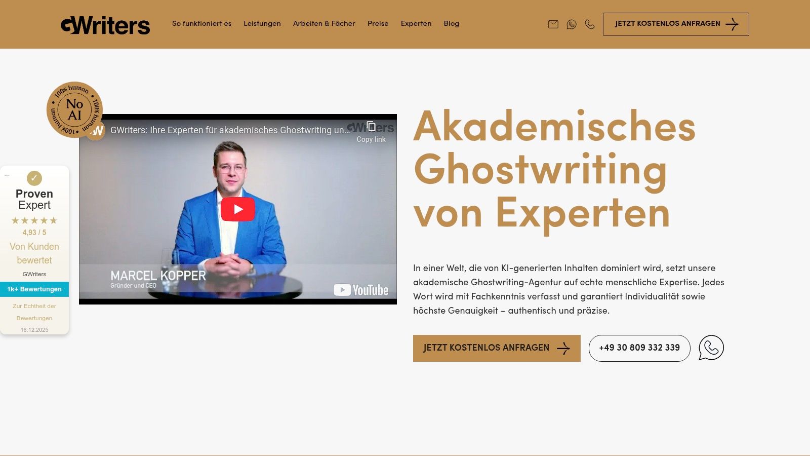 Die Startseite von GWriters, die den professionellen Ansatz und die angebotenen Dienstleistungen für akademische Arbeiten zeigt.