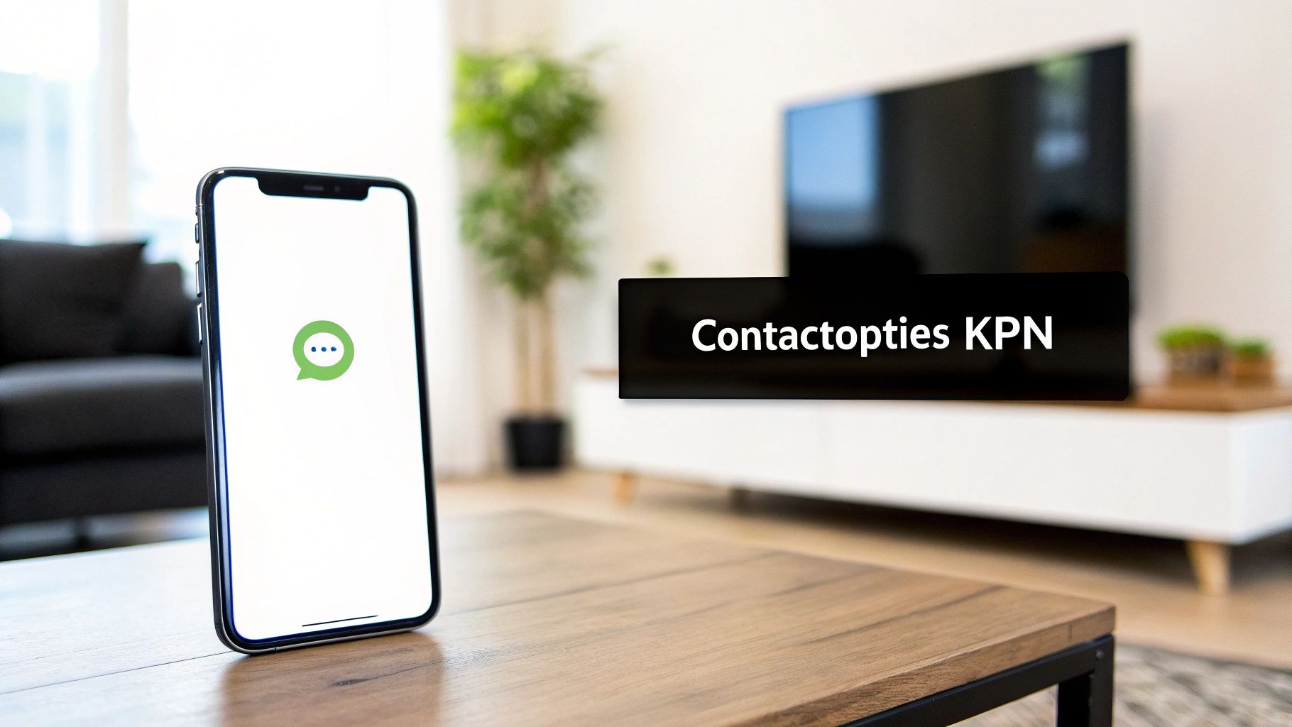 Smartphone met contactpictogram en tekst Contactopties KPN op televisie scherm op houten tafel