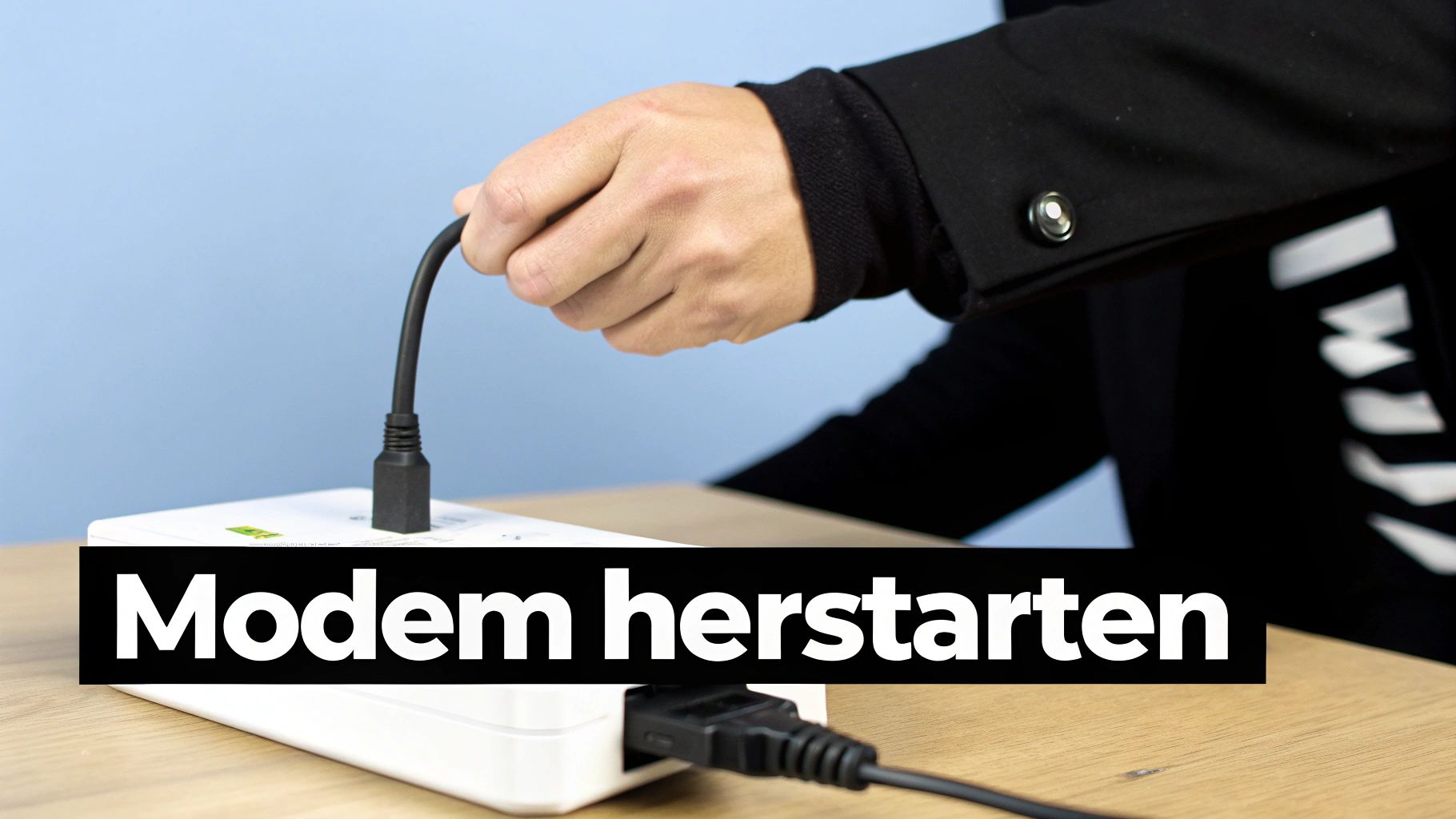 Een hand steekt een zwarte kabel in een wit apparaat, met de tekst 'Modem herstarten' in beeld.