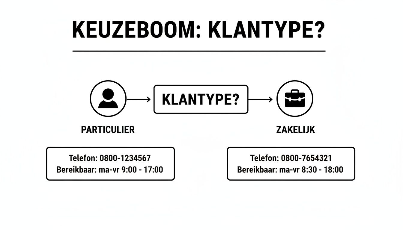 Keuzeboom voor klanttype: particulier of zakelijk, met bijbehorende contactinformatie en bereikbaarheid.